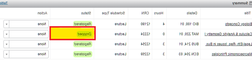 “注册类”上显示的摘要框. Status colum highlighted showing the course has been succesfully dropped.