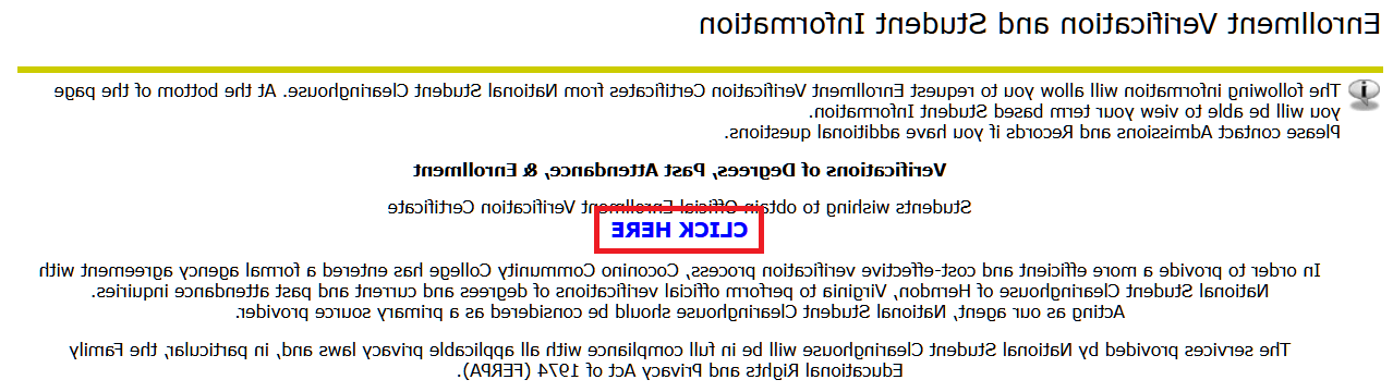 Self Service Banner "Enrollment Verification" page highlighting the "Click Here" link to navigate to the Clearing House