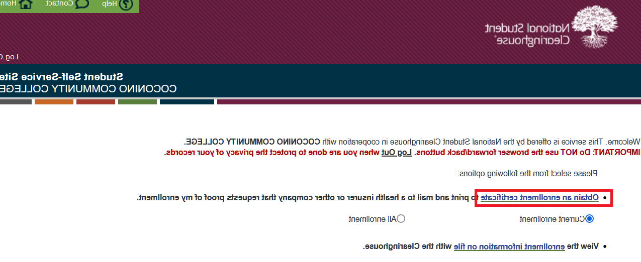Clearing House Website shown with "Obtain an Enrollment Certificate" link highlighted