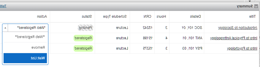 Summary screen under courses displayed with the drop-down "action" displayed for "Web Registered, 删除, 候补名单”